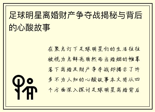 足球明星离婚财产争夺战揭秘与背后的心酸故事